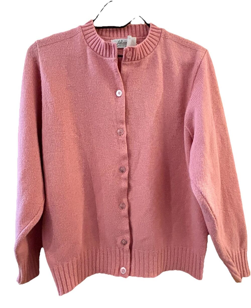 VTG Alicia Cardigan Sweater Pink Sz L Acrylic Preppy Sock Hop Light Academia USA
